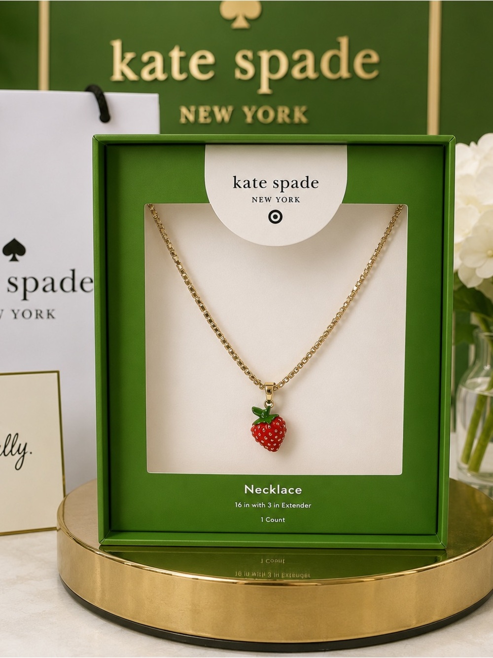kate spade gold chain necklace with red & green strawberry pendant